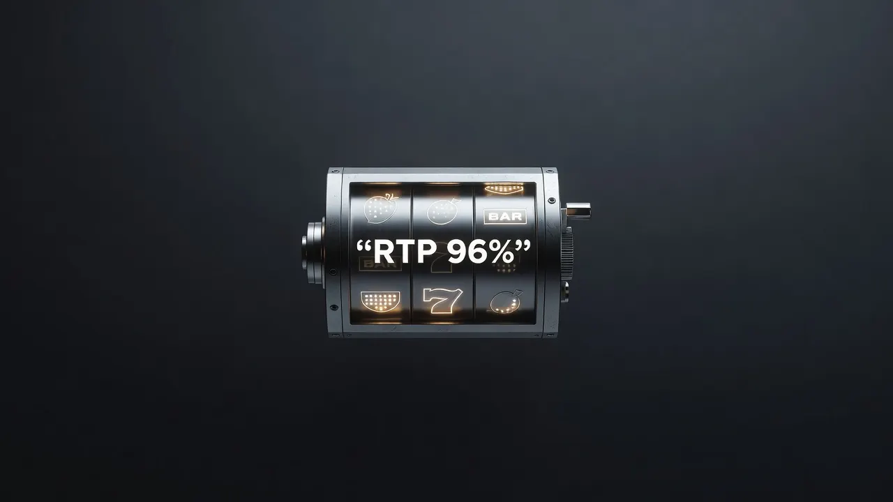 RTP 96%가 표시된 슬롯 릴 이미지, 슬롯 환수율과 안전 확인 질문에 대한 시각적 설명