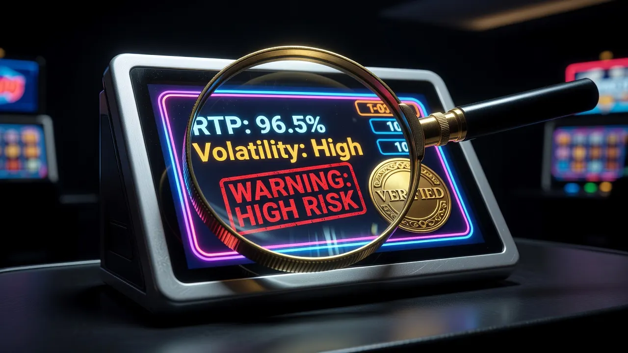 돋보기로 슬롯 머신 RTP 및 변동성 데이터를 검사하며 경고 도장과 인증 배지 확인하는 안전 검증 이미지
