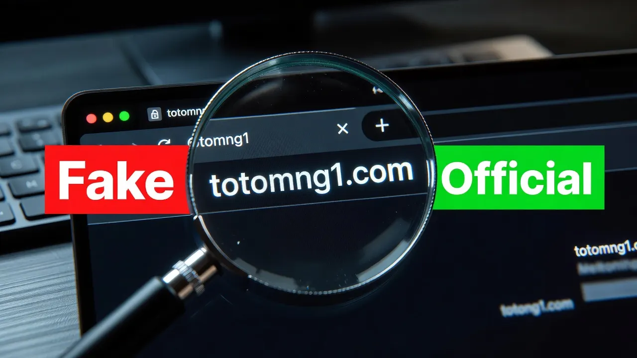 디지털 확대경으로 브라우저 주소창의 totomng1.com 강조, 가짜/공식 도메인 비교 가이드